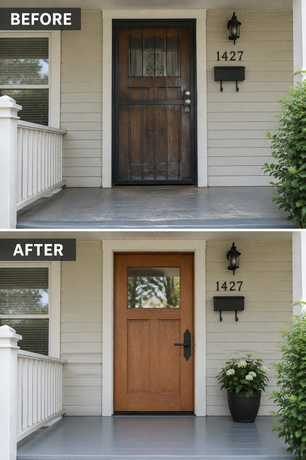 Before and after of a security door replaced by solid wood front door with plant.