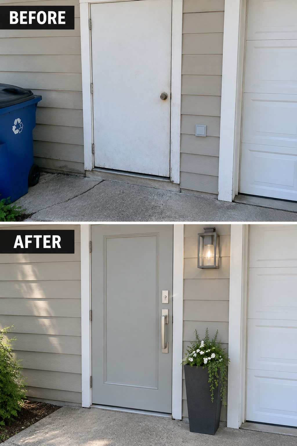 Before and after of front door painted gray with new hardware, light and planter
