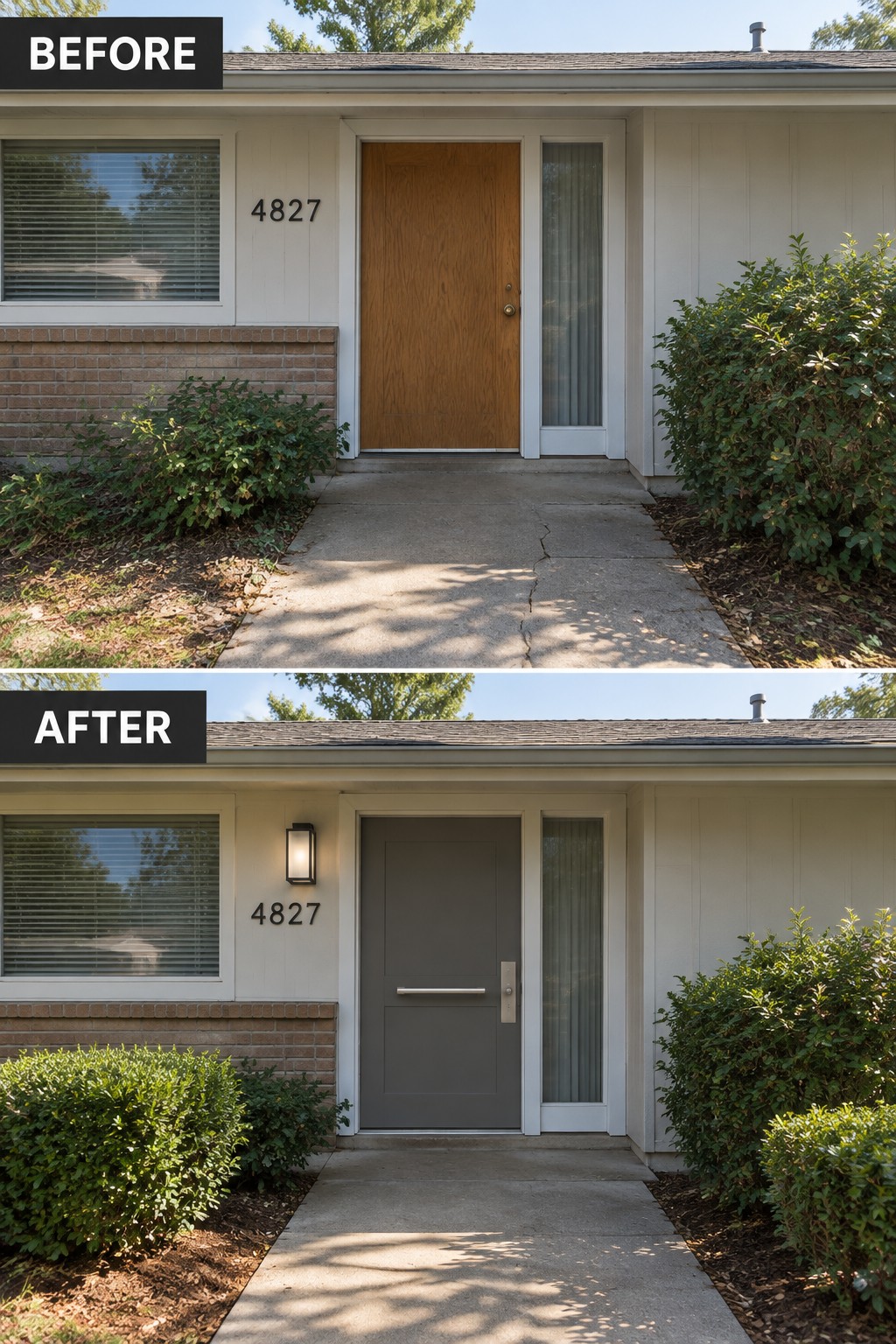 Before and after views of house with wooden door replaced by modern gray door