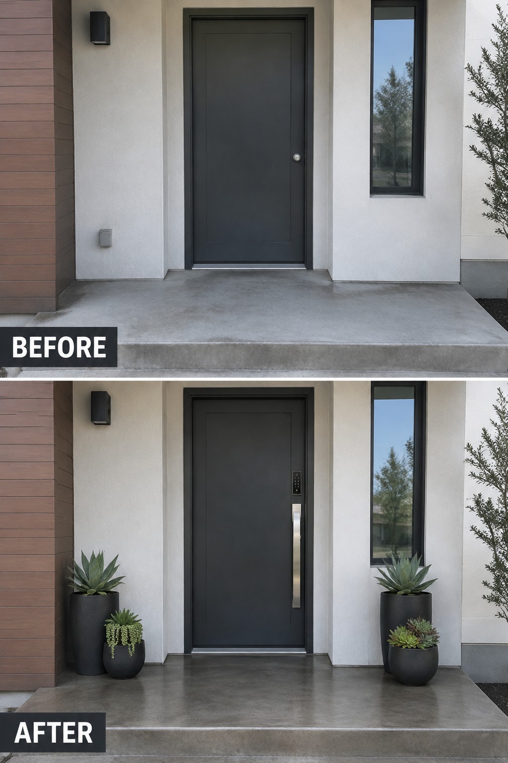 Before and after of dark front door with added potted succulents on concrete porch.