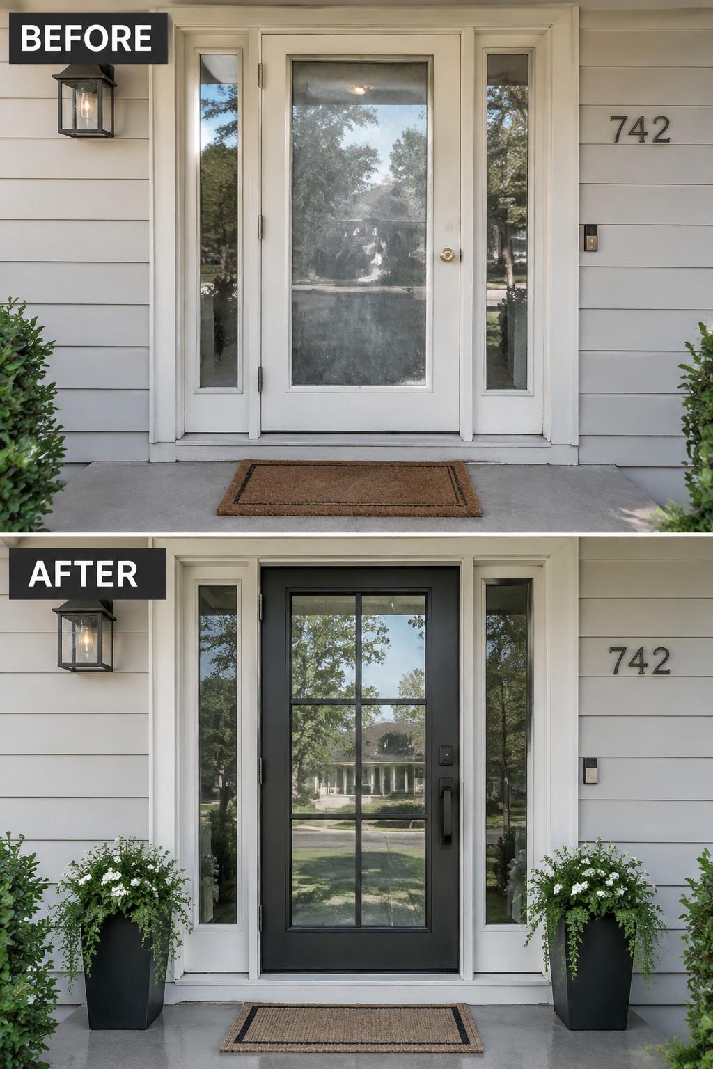 Before-and-after image of a front entry updated with a dark front door and flanking planters.