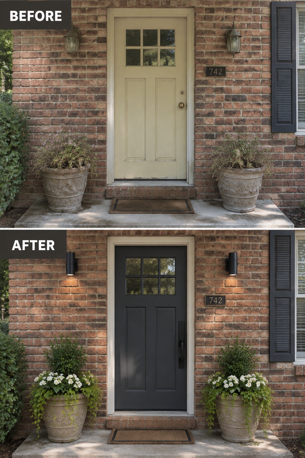 Before-and-after image of a brick house front entry with a light-colored door changed to dark gray along with updated black hardware and modern wall sconces.