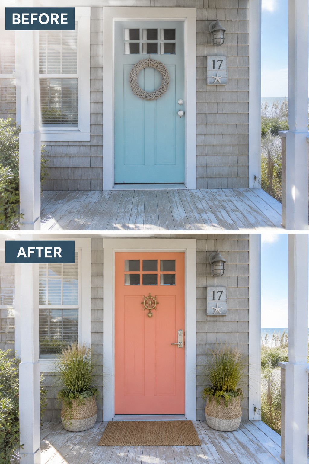 Before-and-after beach house door: light blue repainted coral orange with added potted plants.