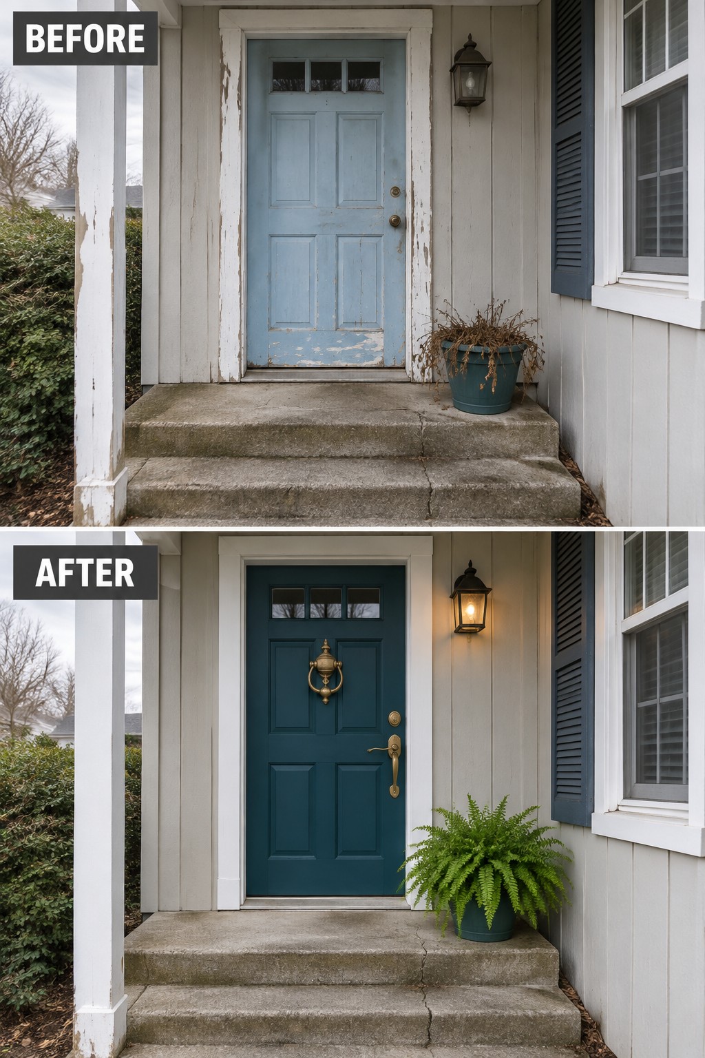Before-and-after front door makeover from peeling light blue to dark teal with new hardware