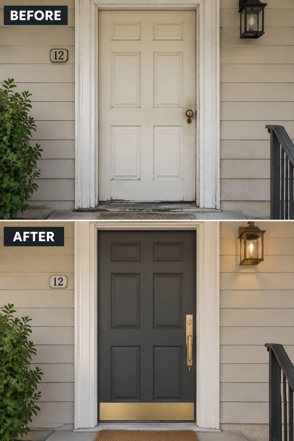 Before-and-after image of a light beige front door changed to dark gray with gold hardware and a brass kickplate.