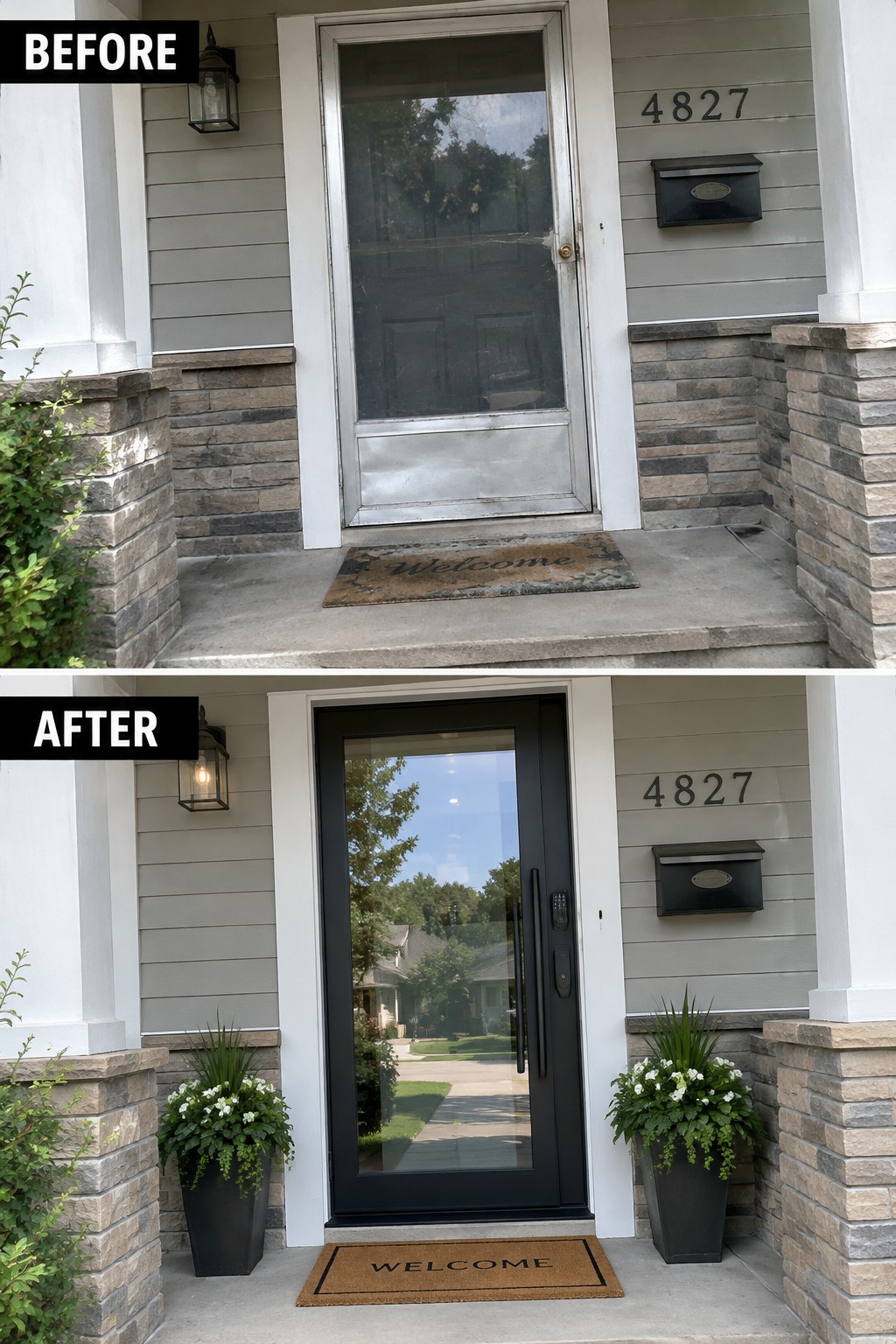 Before and after of gray house entrance with new black door and potted plants.