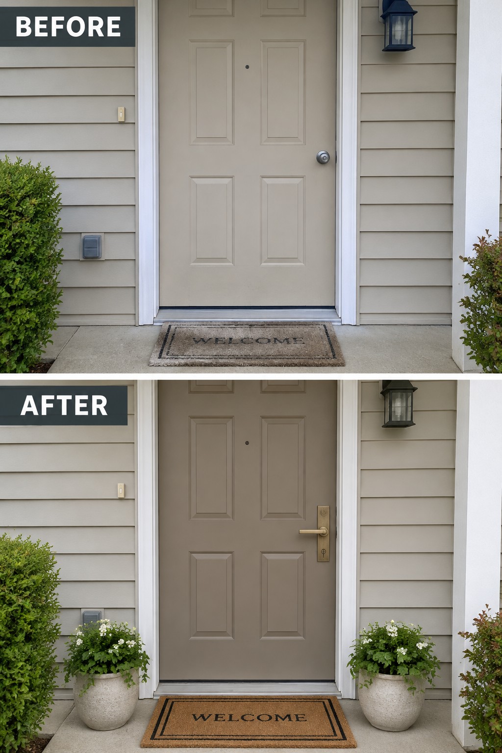 Before and after of beige front door with added potted flowering plants on sides