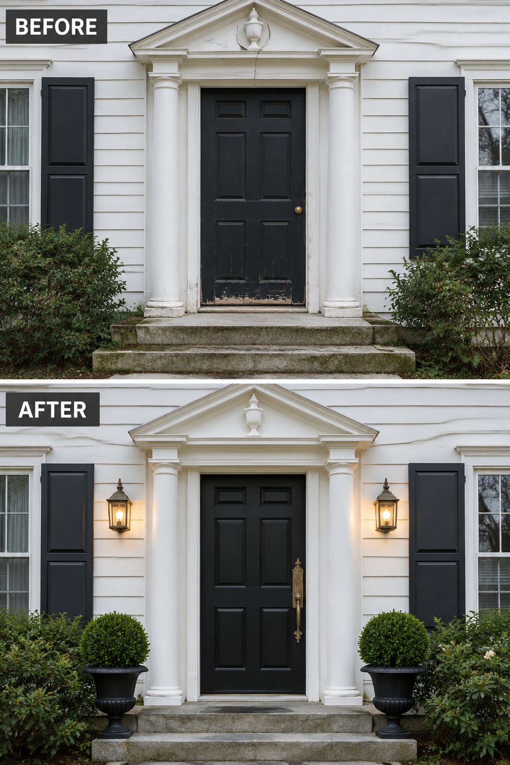 Before-and-after views of a white house entrance with black door and added planters