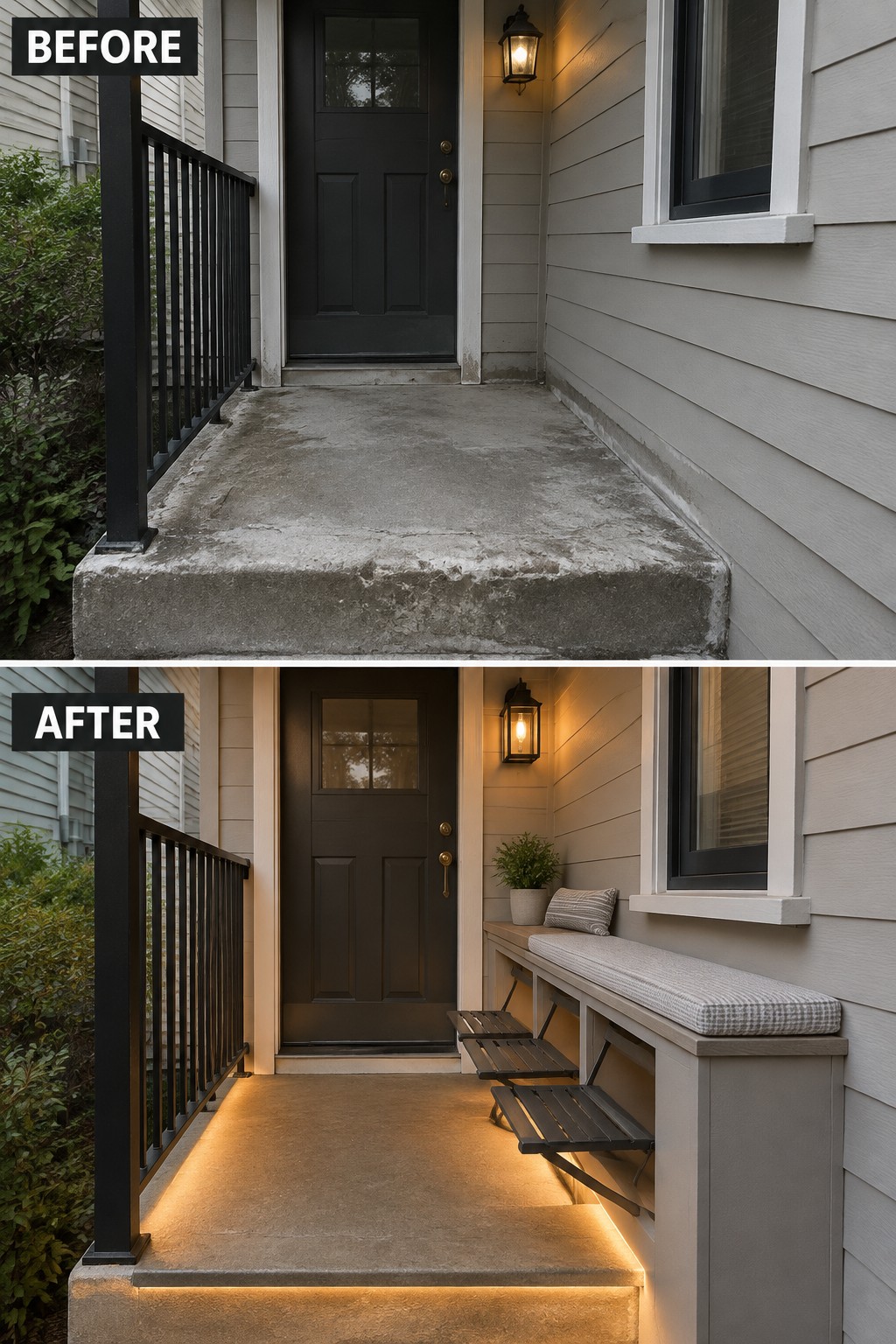 Before and after porch renovation with bench, steps, and warm lighting