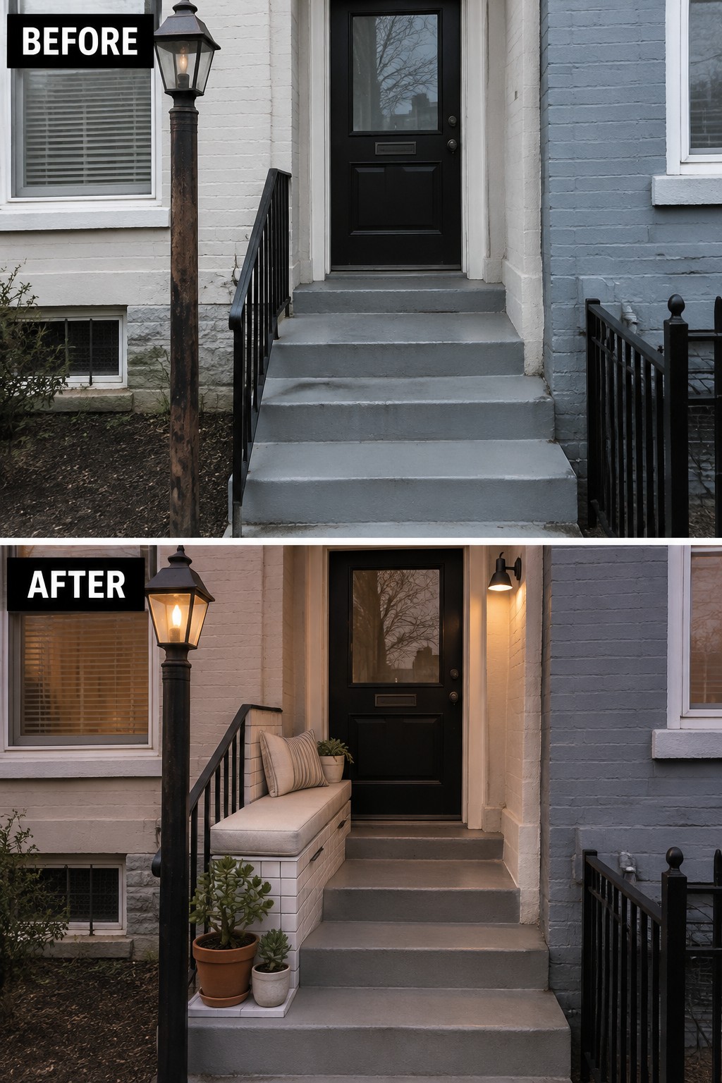 Before-and-after image of a bare front porch updated with a built-in bench, cushion, potted plants, and added lighting.