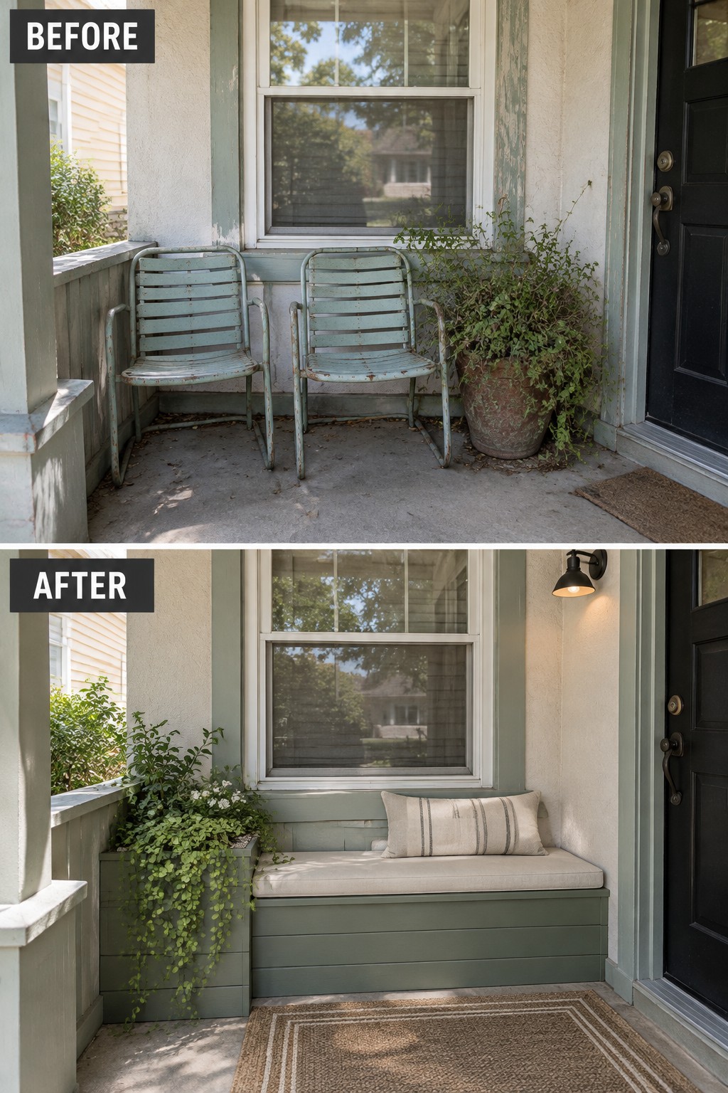 Before-and-after image of a front porch changed from two old metal chairs and a potted plant to a built-in bench with cushion, pillow, rug, and planter.