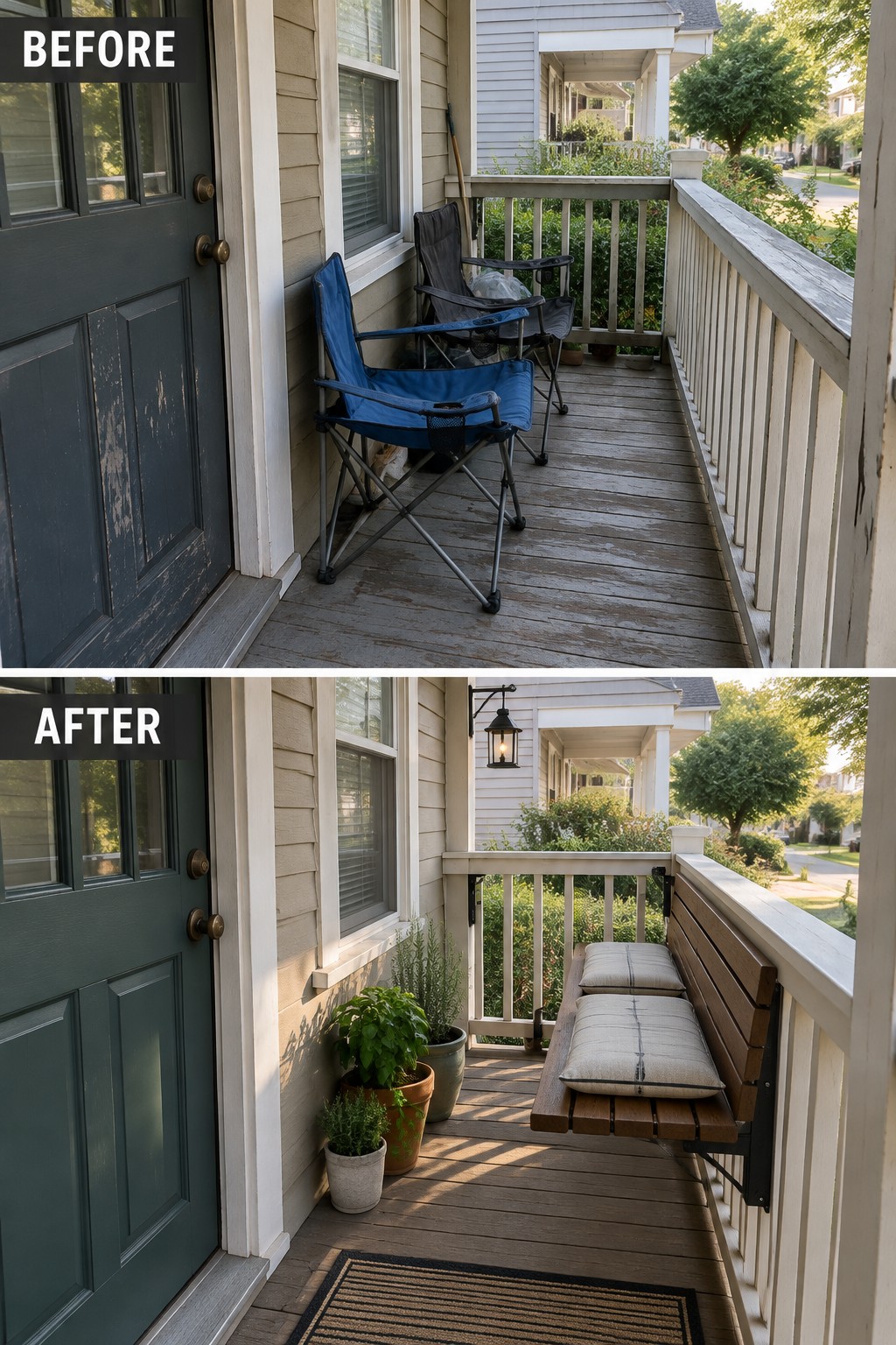 Before-and-after image of a front porch with folding chairs changed into a porch with a mounted wooden bench, cushions, potted plants, and a doormat.