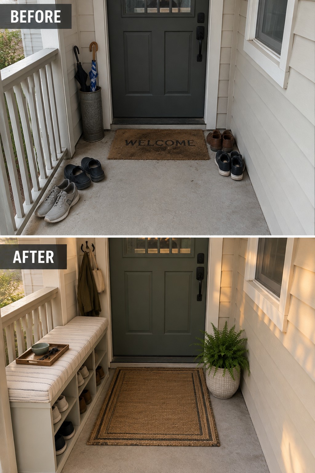 Before-and-after porch makeover: cluttered shoes replaced by storage bench, rug, and plant.