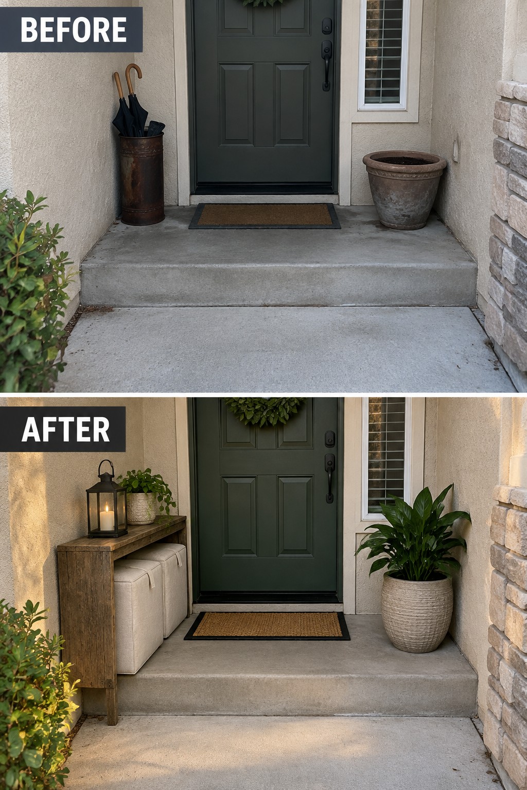 Before and after green door entryway with bench, lantern, plants and wreath.