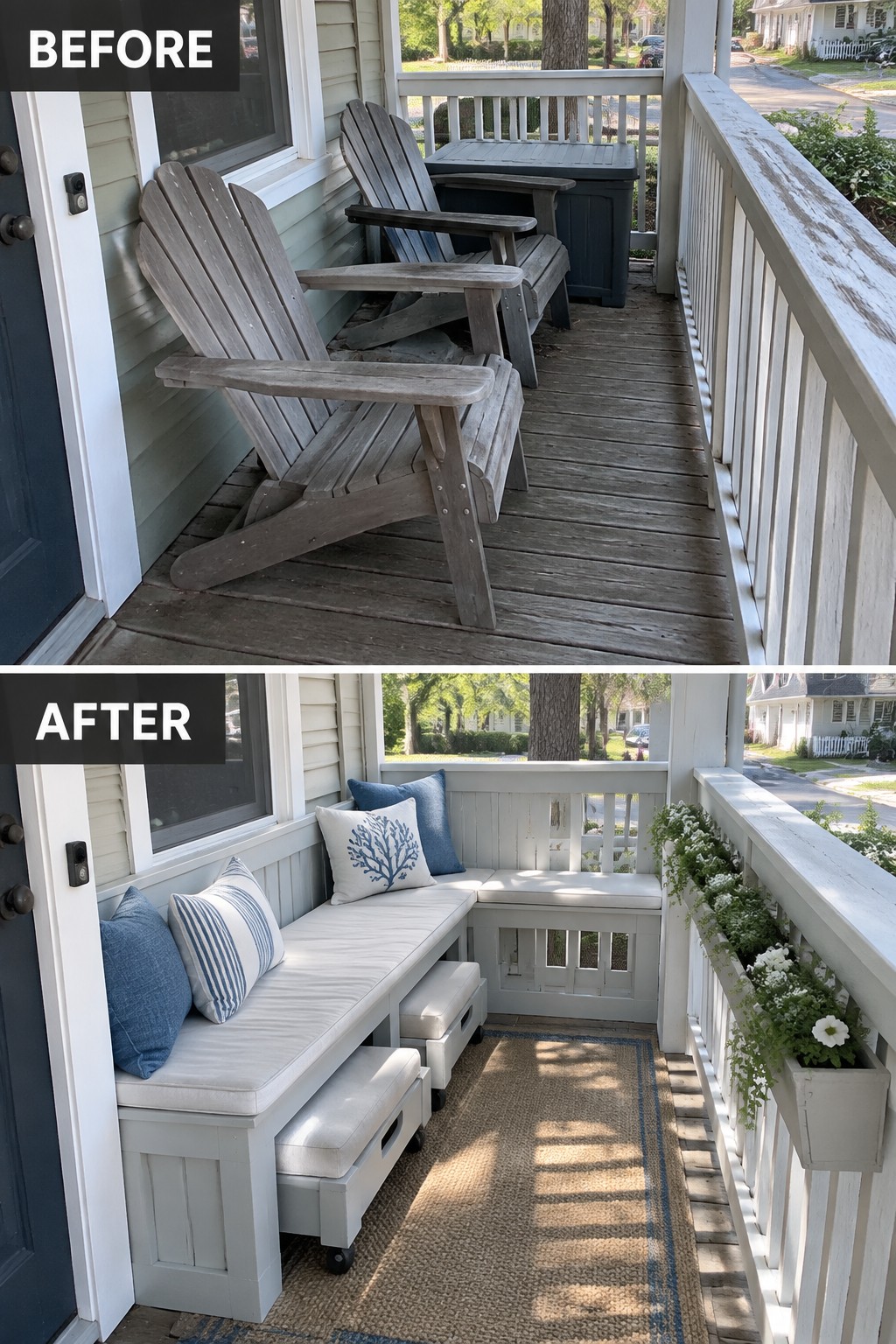 Porch before with weathered Adirondack chairs and after with white cushioned benches and floral planter.