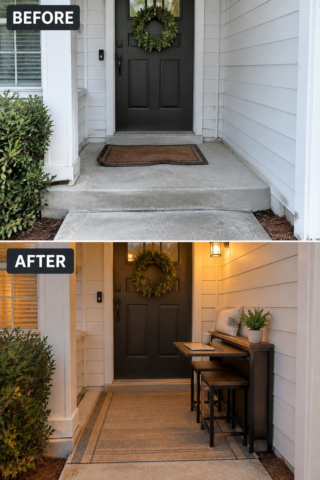 Before-and-after image of a plain front porch updated with a narrow console table, stools, a rug, and wall lighting.