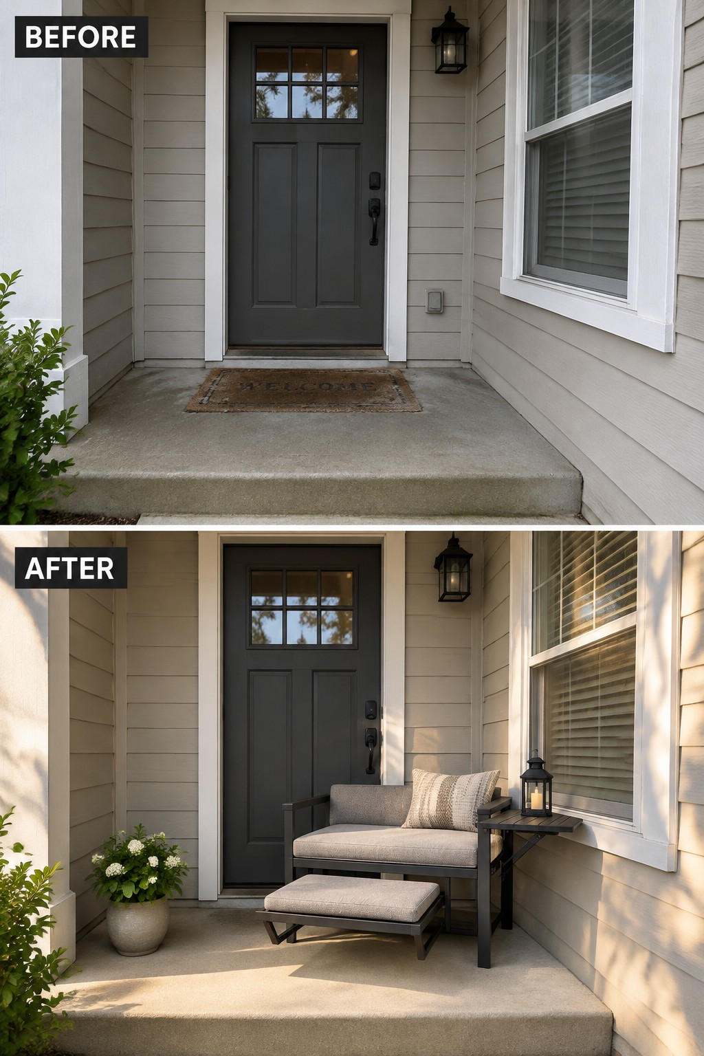 Before and after of gray house porch with added bench, ottoman, table and plant.