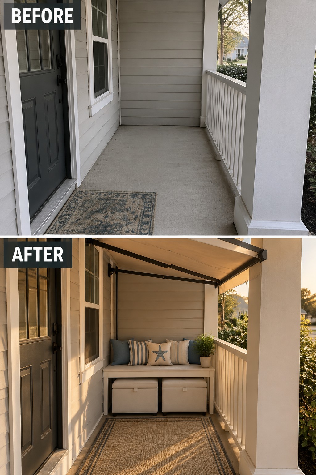 Before-and-after porch with added awning, bench, pillows, storage ottomans, and rug.