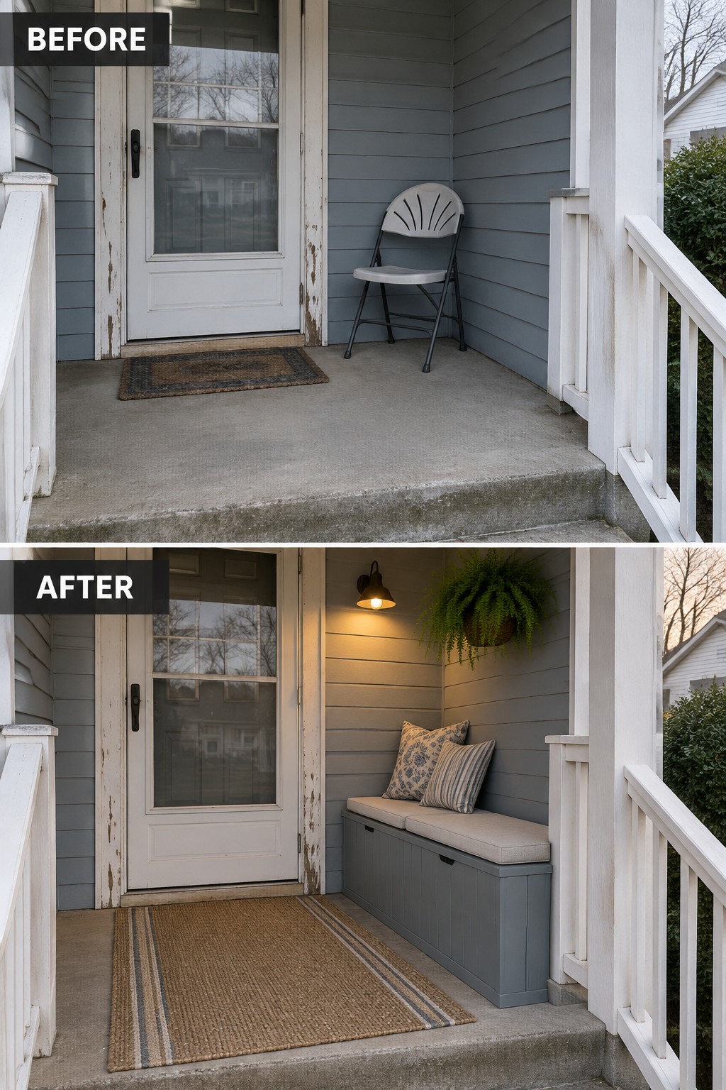 Before-and-after image of a bare front porch updated with a gray storage bench, seat cushions, pillows, a woven rug, and a hanging plant.