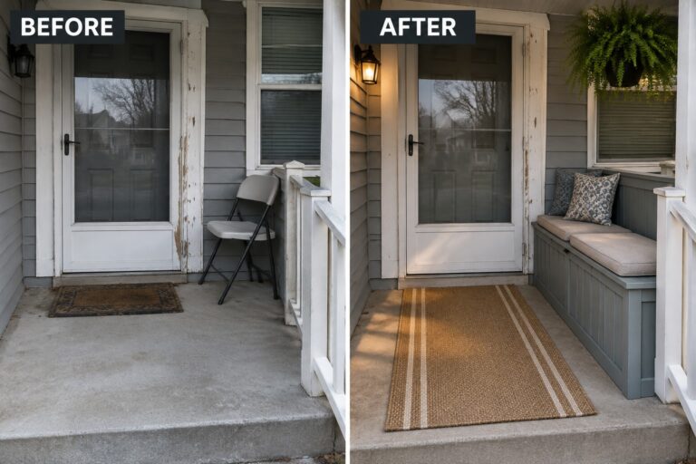 19 Beautiful Small Front Porch Makeovers Built Around Space-Saving Seating Before-and-after image of a bare front porch updated with a gray storage bench, seat cushions, pillows, a woven rug, and a hanging plant.