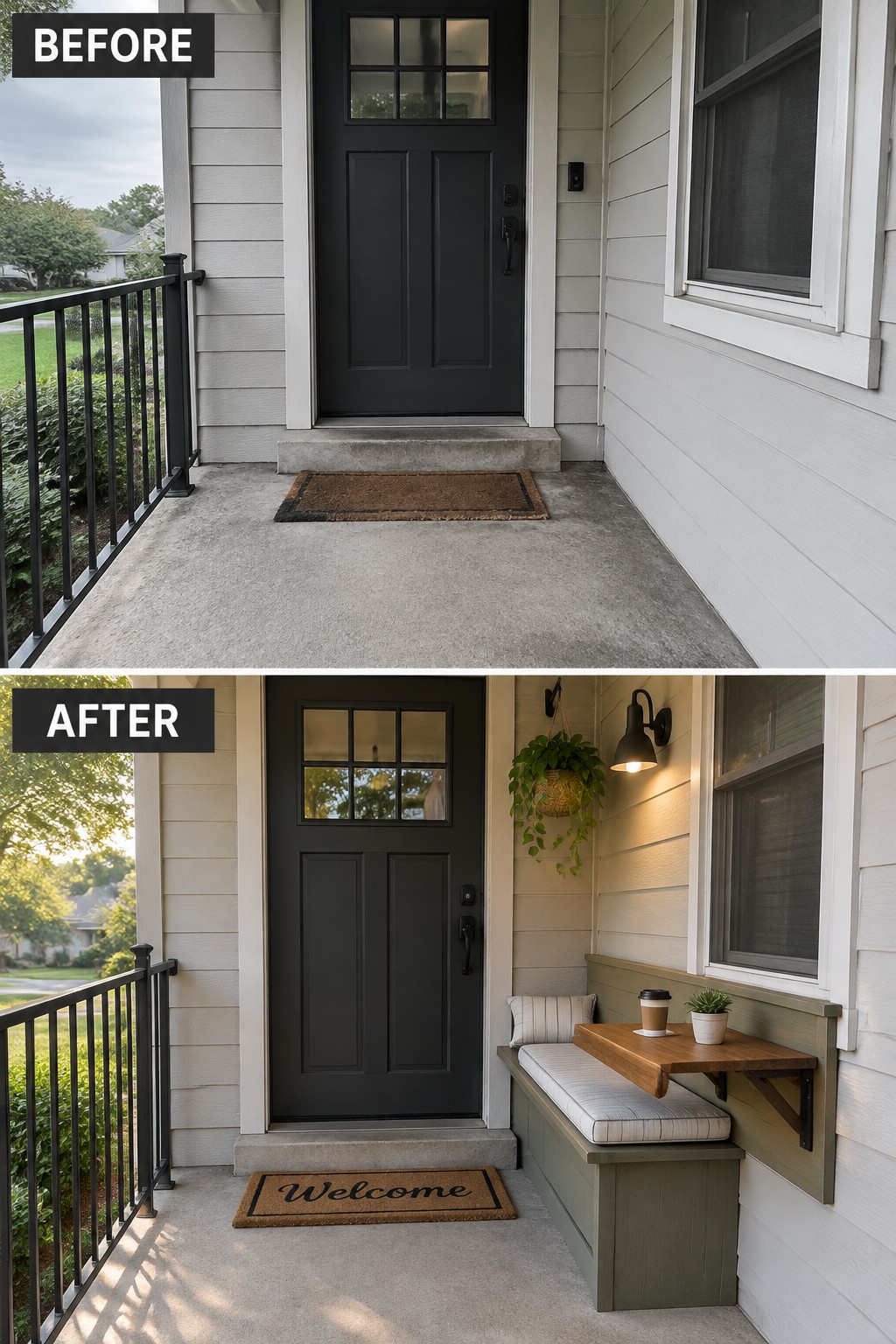 Before-and-after image of a bare front porch updated with a built-in bench, cushion, and fold-down table.
