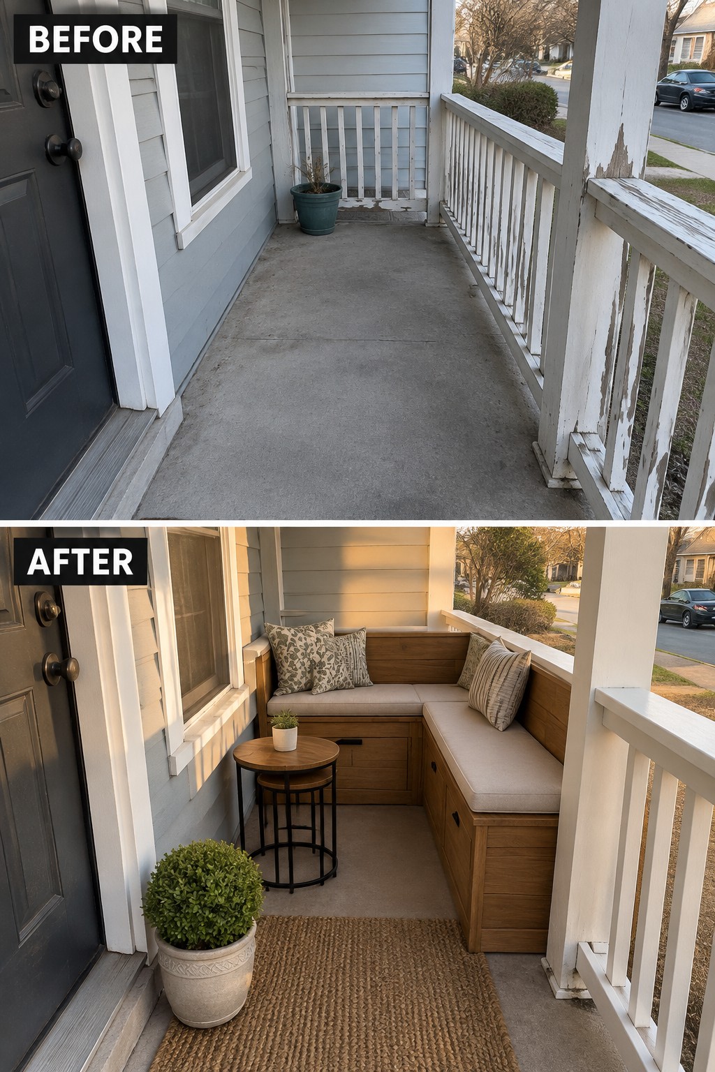 Before and after porch with new wooden bench, cushions, rug and plants