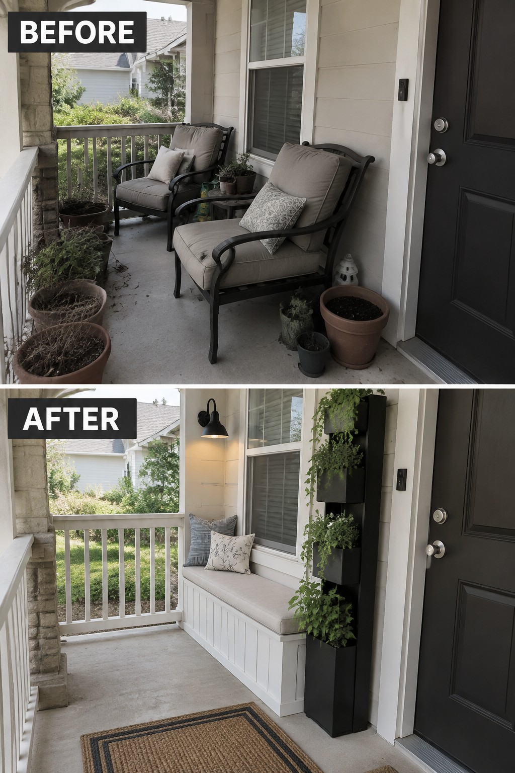 Before-and-after porch makeover: cluttered chairs and pots replaced by bench, rug, and vertical planters.