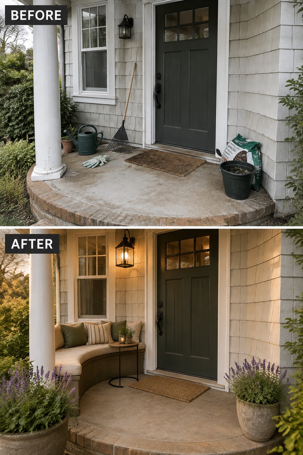 Before and after of cluttered porch transformed into cozy seating area with plants and bench