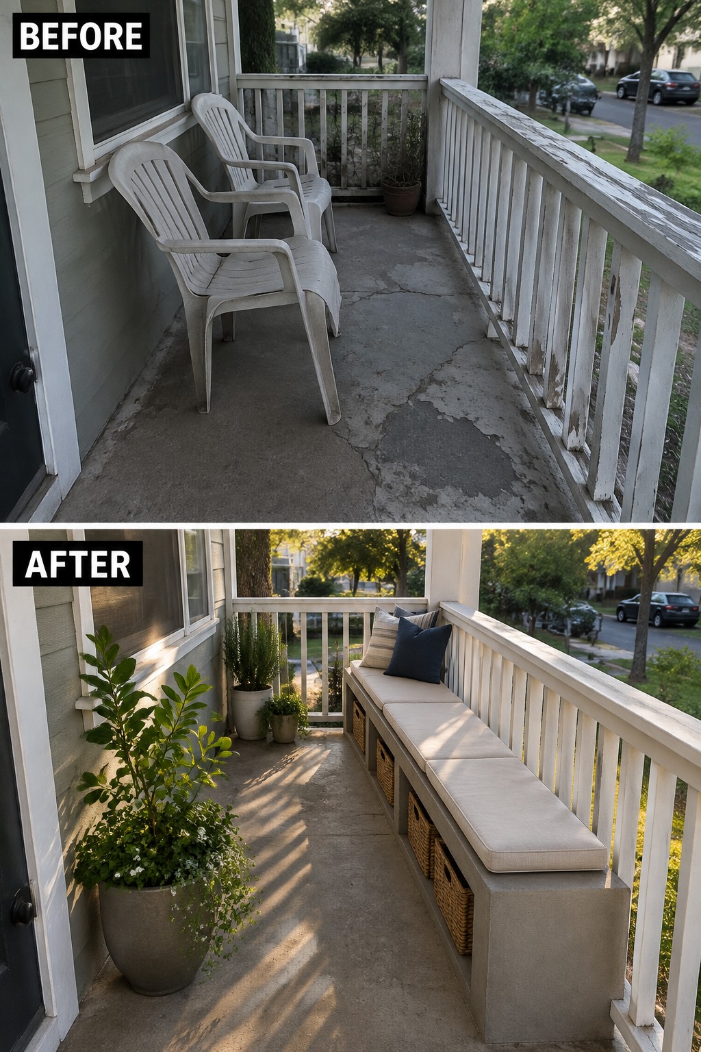 Before-and-after image of a front porch changed from two plastic chairs on cracked concrete to a built-in bench with cushions, storage baskets, and potted plants.