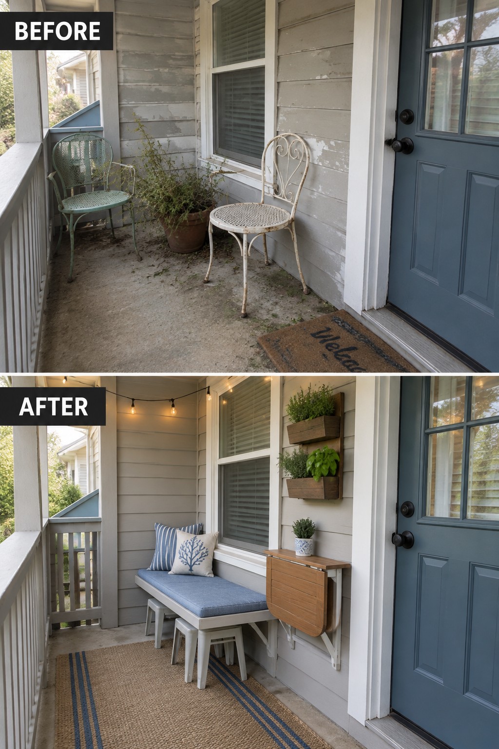 Before and after porch renovation with bench, string lights, planters and rug.