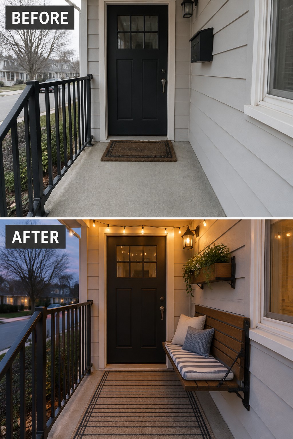 Before and after porch with black door, wooden bench, string lights, and striped rug.
