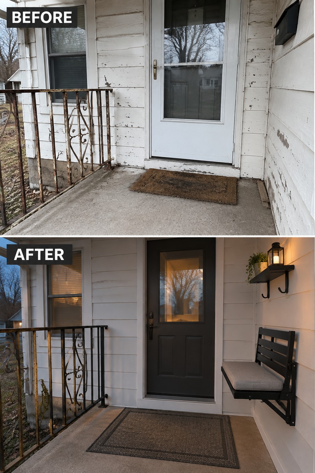 Before and after porch renovation with new black door, bench, and railing.