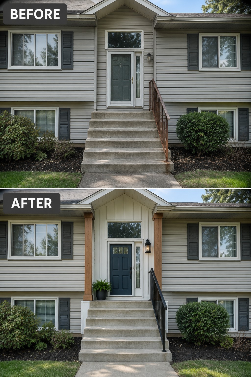 Before-and-after image of a house entry updated with board and batten siding, wooden posts, and white trim.