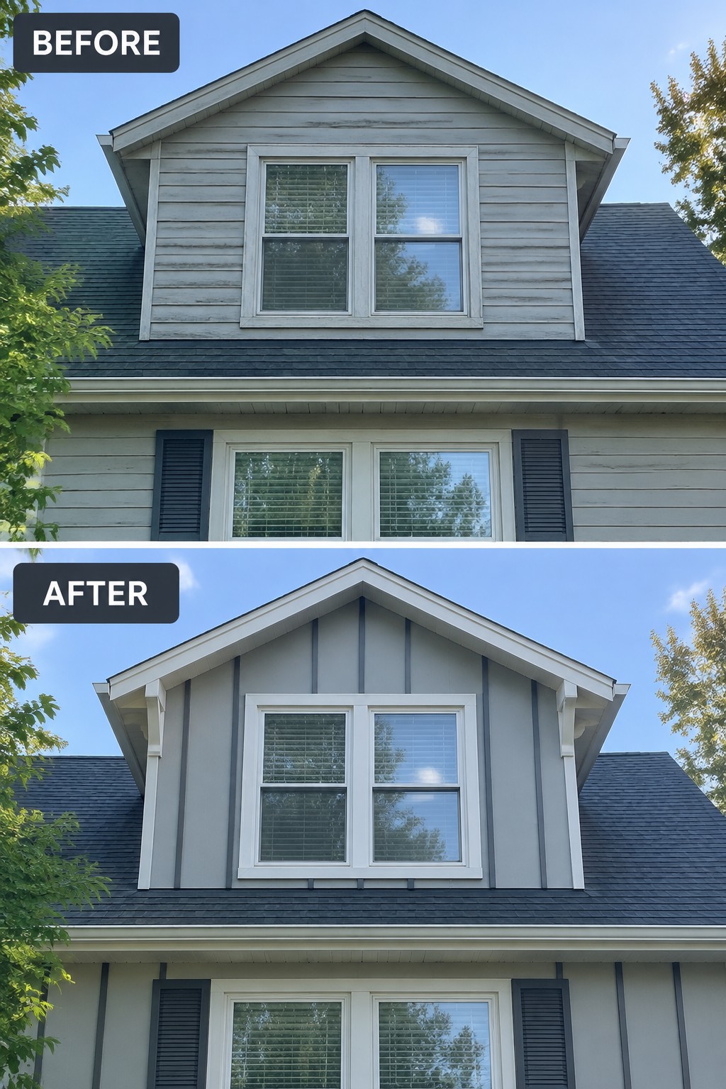 Before and after house dormer with new gray siding, white trim, and panels