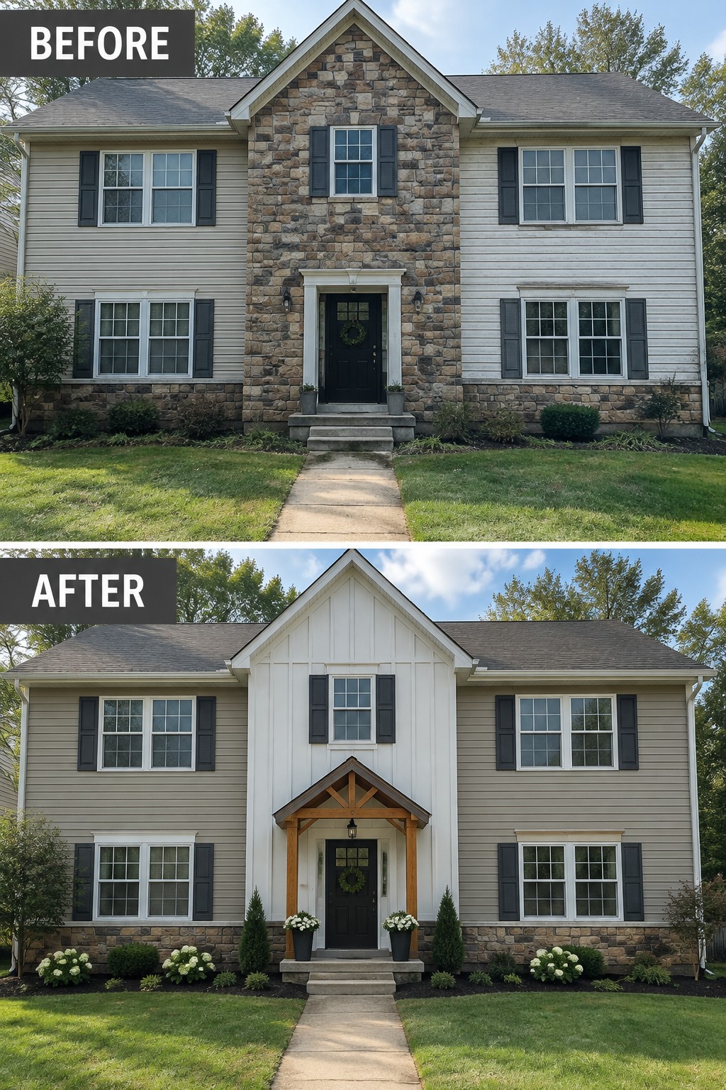 Before-and-after image of a two-story house with the central gable updated from horizontal siding to white board and batten, plus a new wooden entry porch structure.