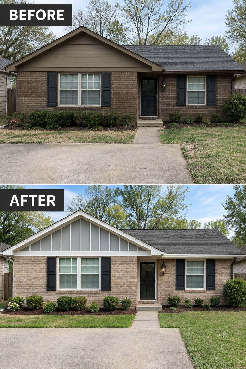 Before and after views of a brick house with remodeled gable and landscaping