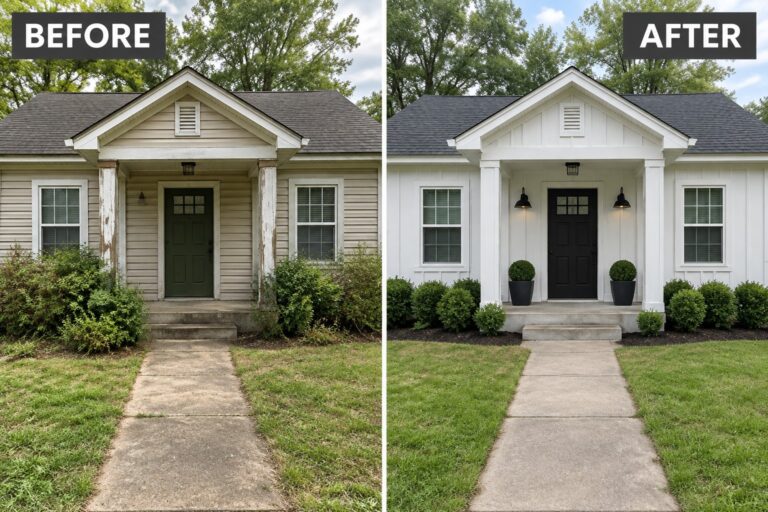 25 Charming Modern Farmhouse Siding Transformations With Board and Batten Details Before-and-after house exterior: beige siding with green door updated to white with black door and landscaping