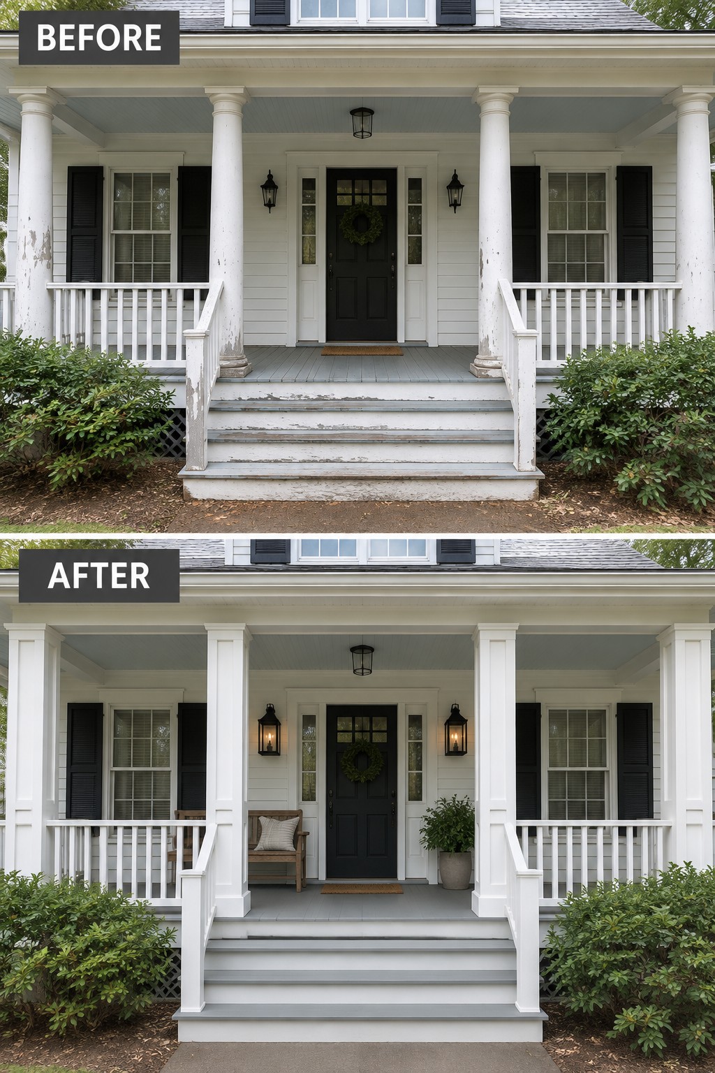 Before and after of white porch renovation with fresh paint and gray steps