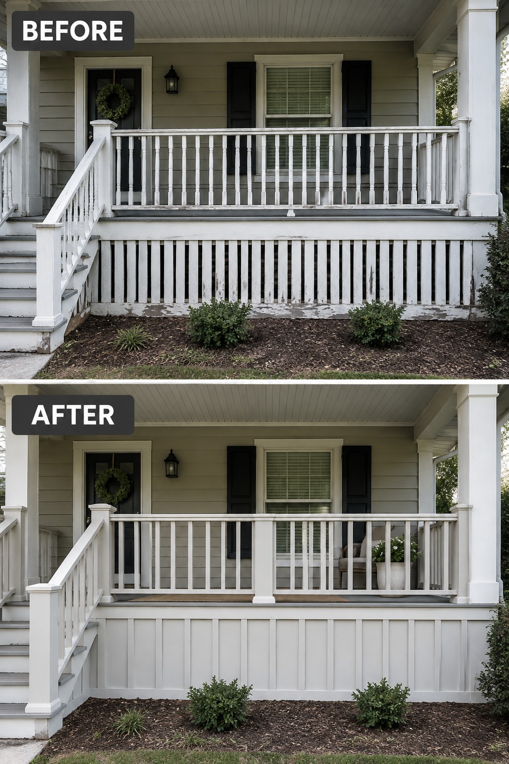 Before-and-after image of a front porch updated with white board and batten siding on the lower half and a simplified railing.