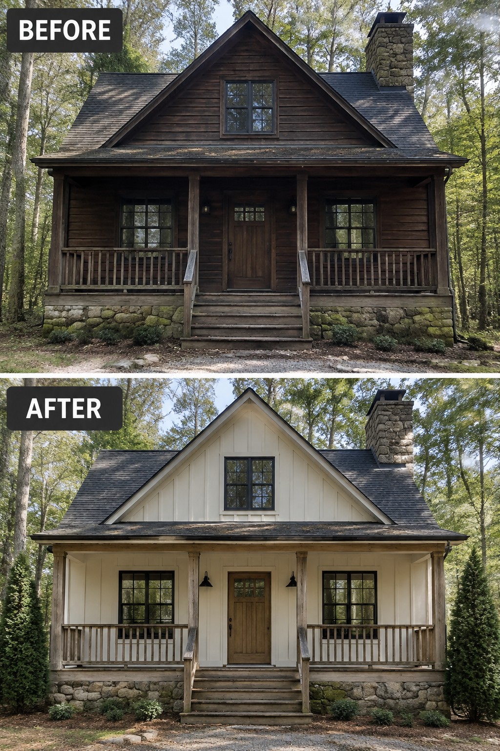 Before-and-after comparison of a dark wooden cabin repainted white in a forest.