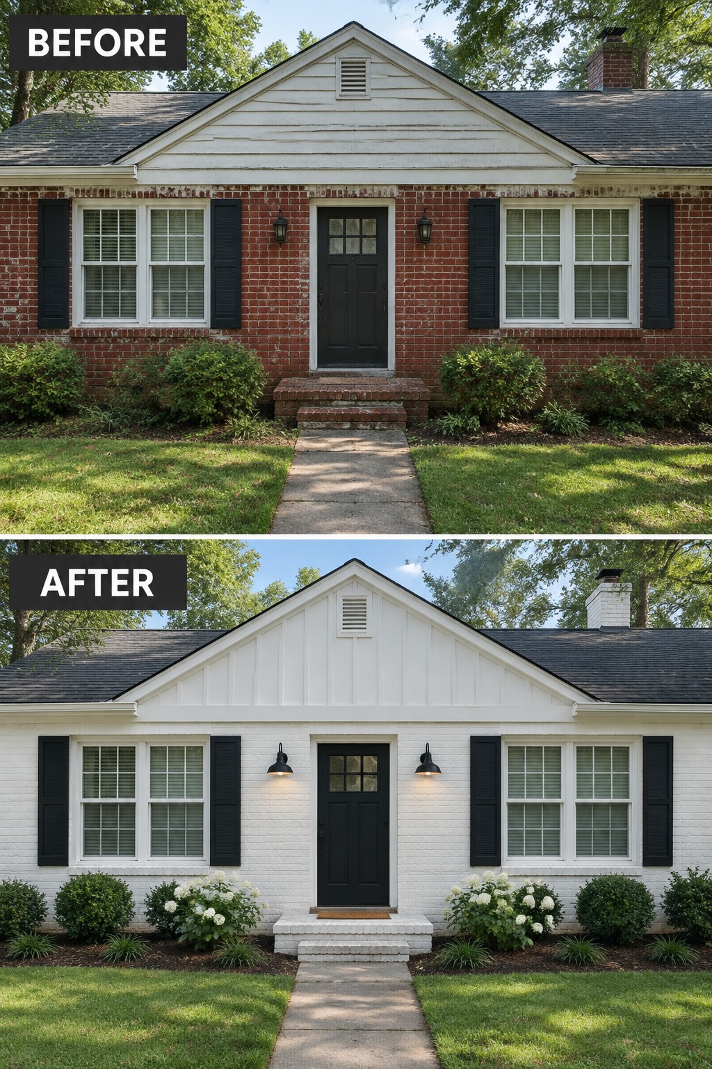 Before and after of red brick house painted white with updated landscaping.