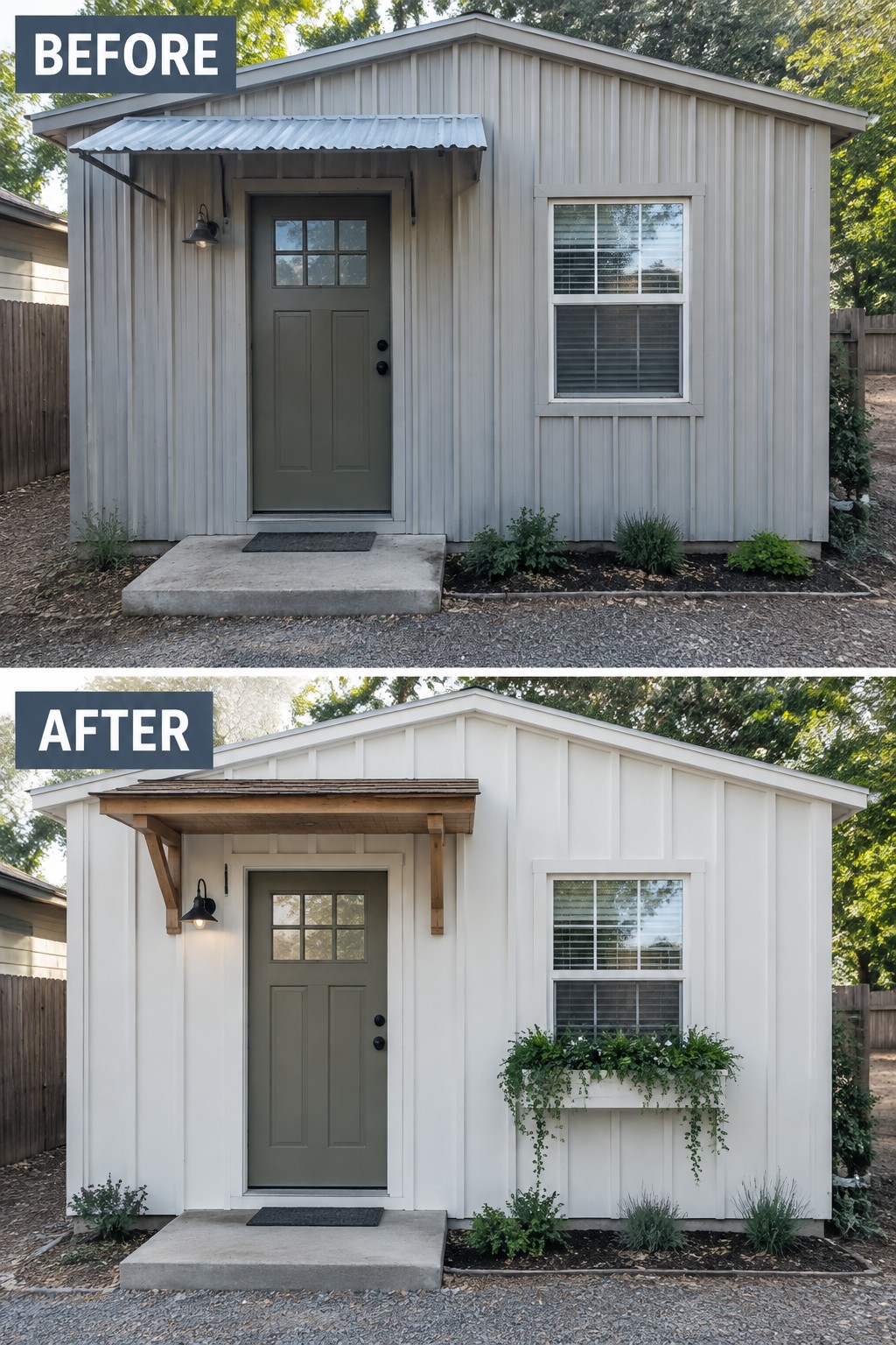 Before and after of a small shed repainted white with wooden awning and flower box.