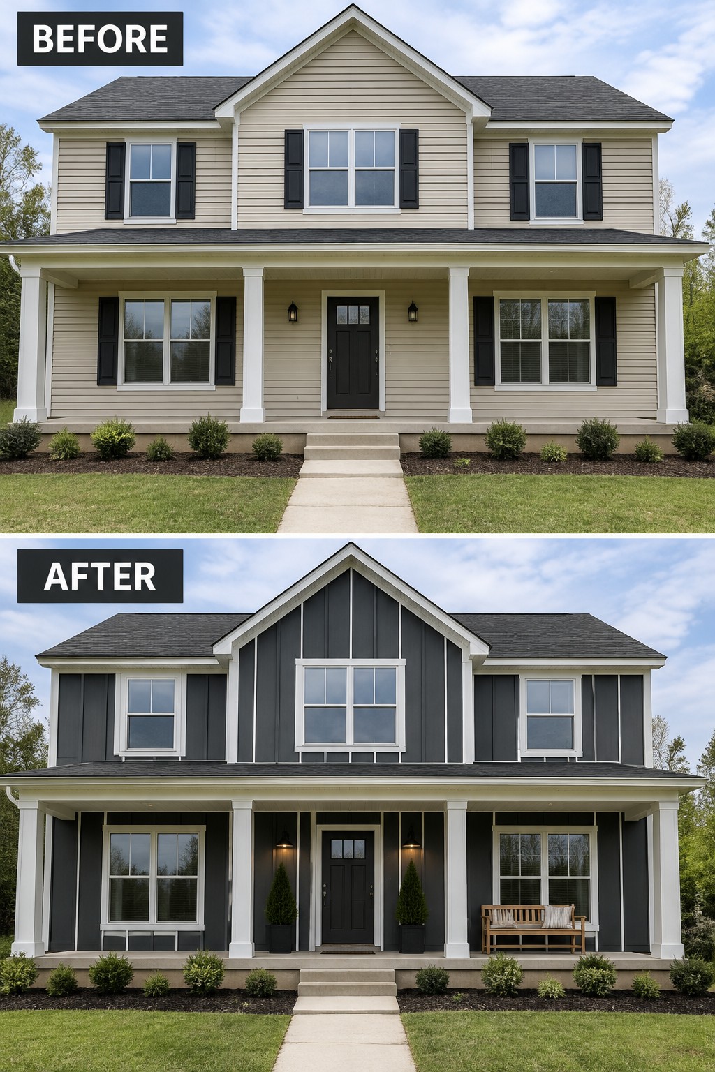 Before and after of two-story house repainted from beige to dark gray with added porch bench.