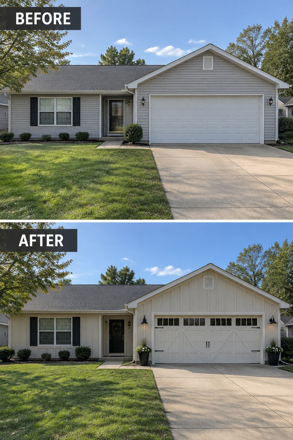 Before and after house exterior with new beige siding and updated garage door.