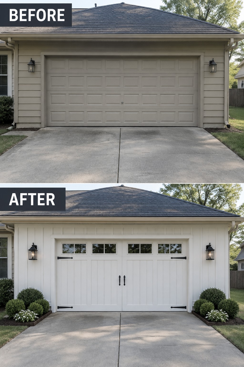 Before and after of beige garage door replaced by white carriage-style doors with landscaping.