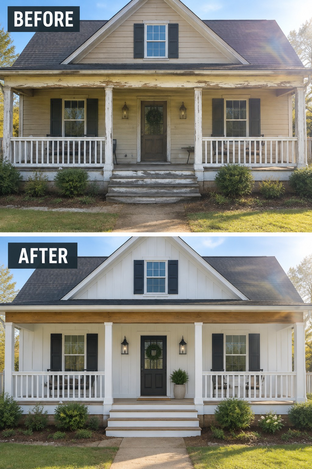 Before and after of beige house renovated with white siding, black door and shutters