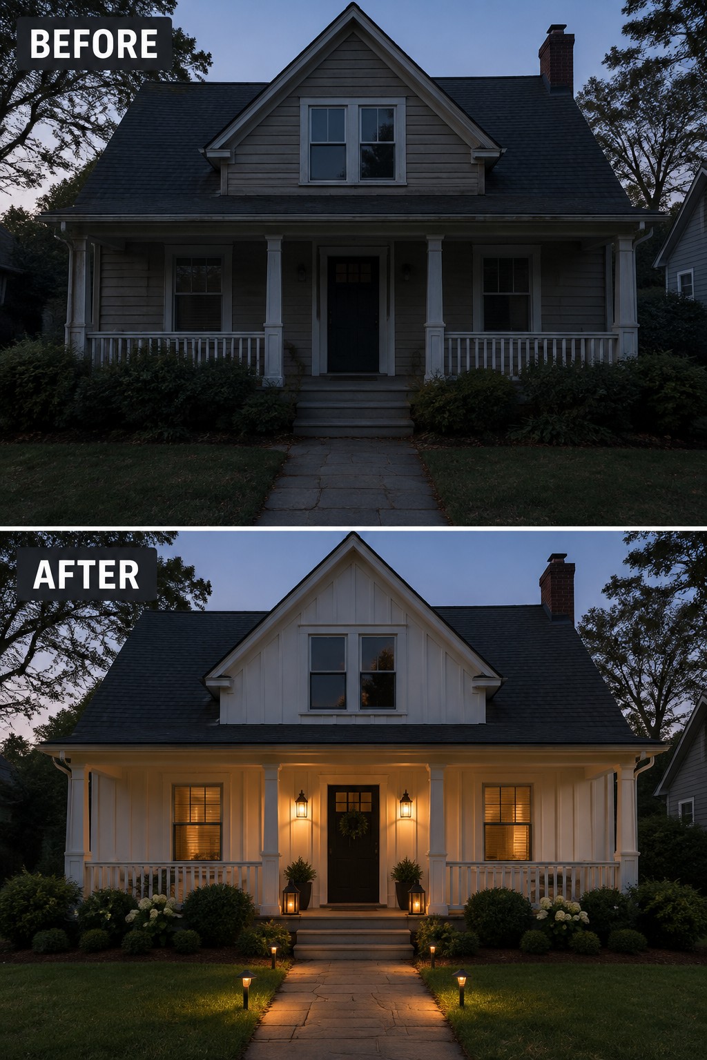 Before-and-after image of a house exterior updated with white board and batten siding, new lighting, and planters.