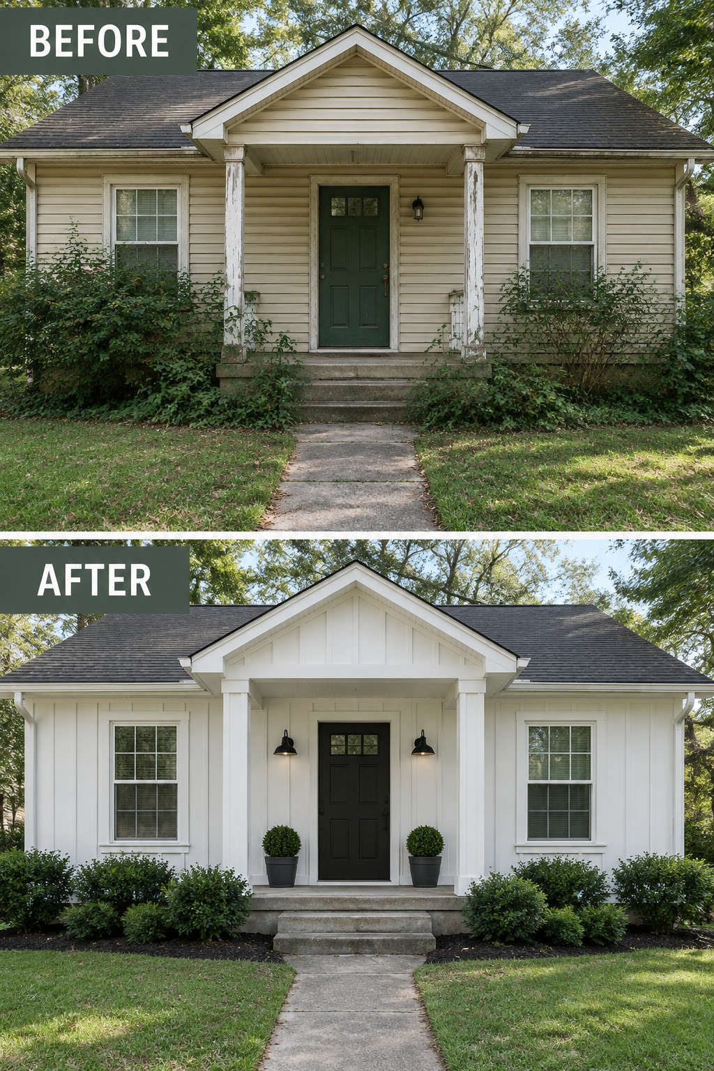 Before-and-after house exterior: beige siding with green door updated to white with black door and landscaping