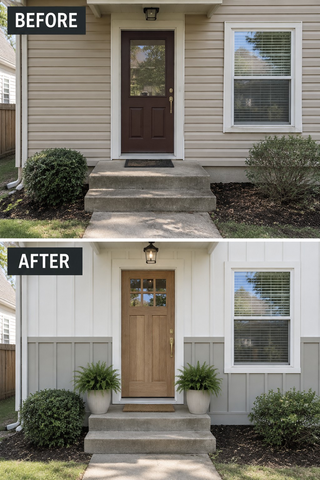 Before-and-after image of a house exterior showing plain beige siding changed to white siding with gray board and batten on the lower section and a lighter front door.
