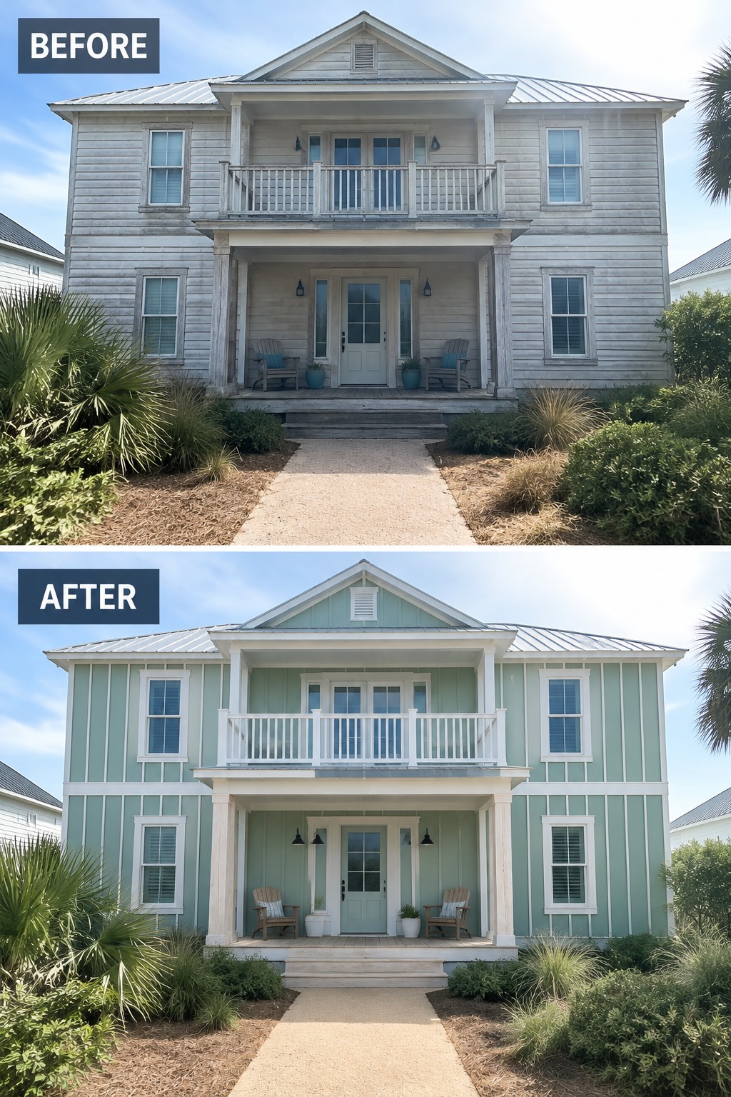 Before-and-after image of a weathered gray house exterior updated with soft green siding, white trim, and board and batten details.